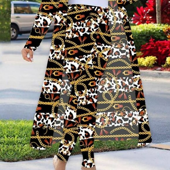 2pc Gold /Black Chain Link Long Sleeve Open Front Cardigan High Waist Pants - Picture 3 of 13